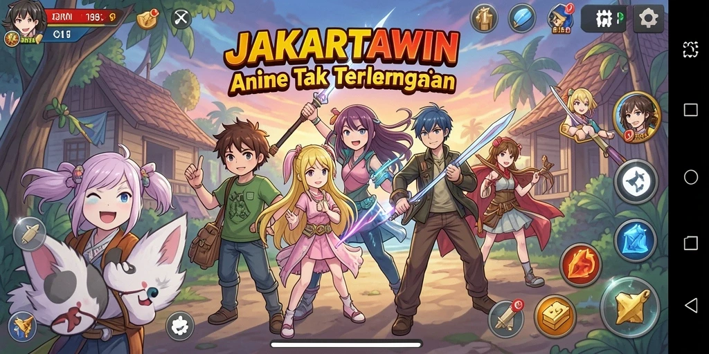 Tampilan gameplay JAKARTAWIN dengan karakter anime yang atraktif.
