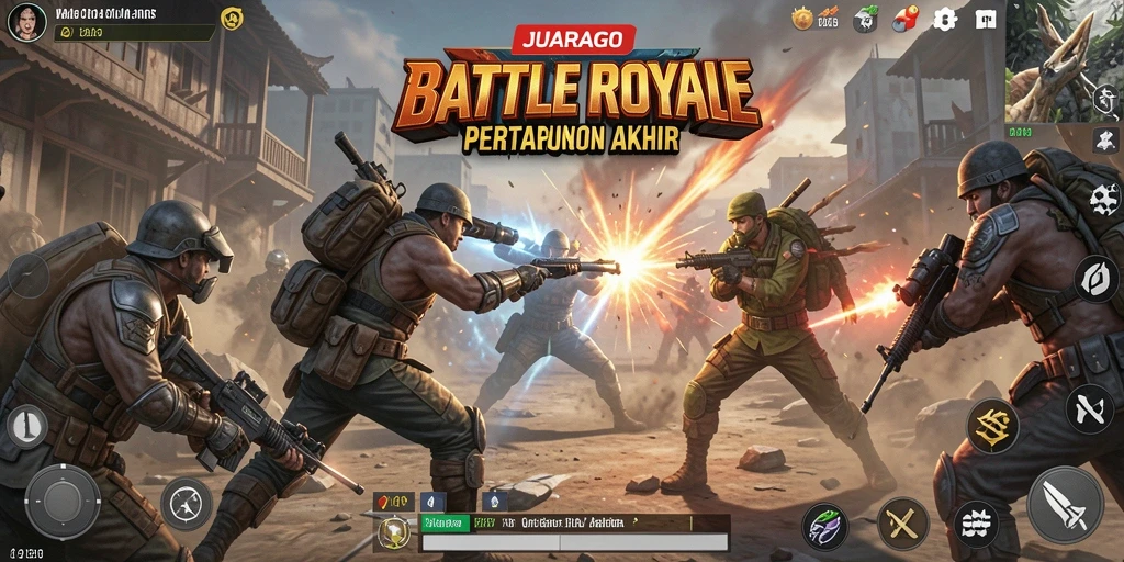 Gameplay JUARAGO menampilkan pertempuran epik dalam Battle Royale.