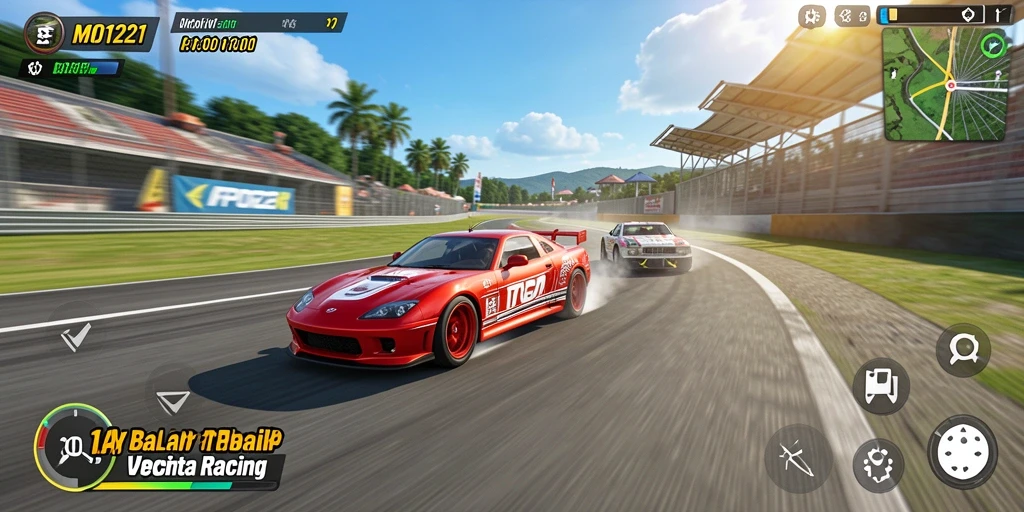 Screenshot gameplay <strong>MPO1221</strong> yang menampilkan balapan yang mendebarkan.