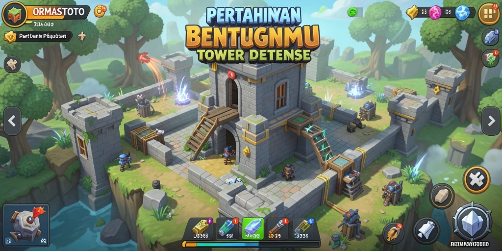 Screenshot gameplay yang menampilkan pertahanan tower dalam pertempuran melawan musuh.